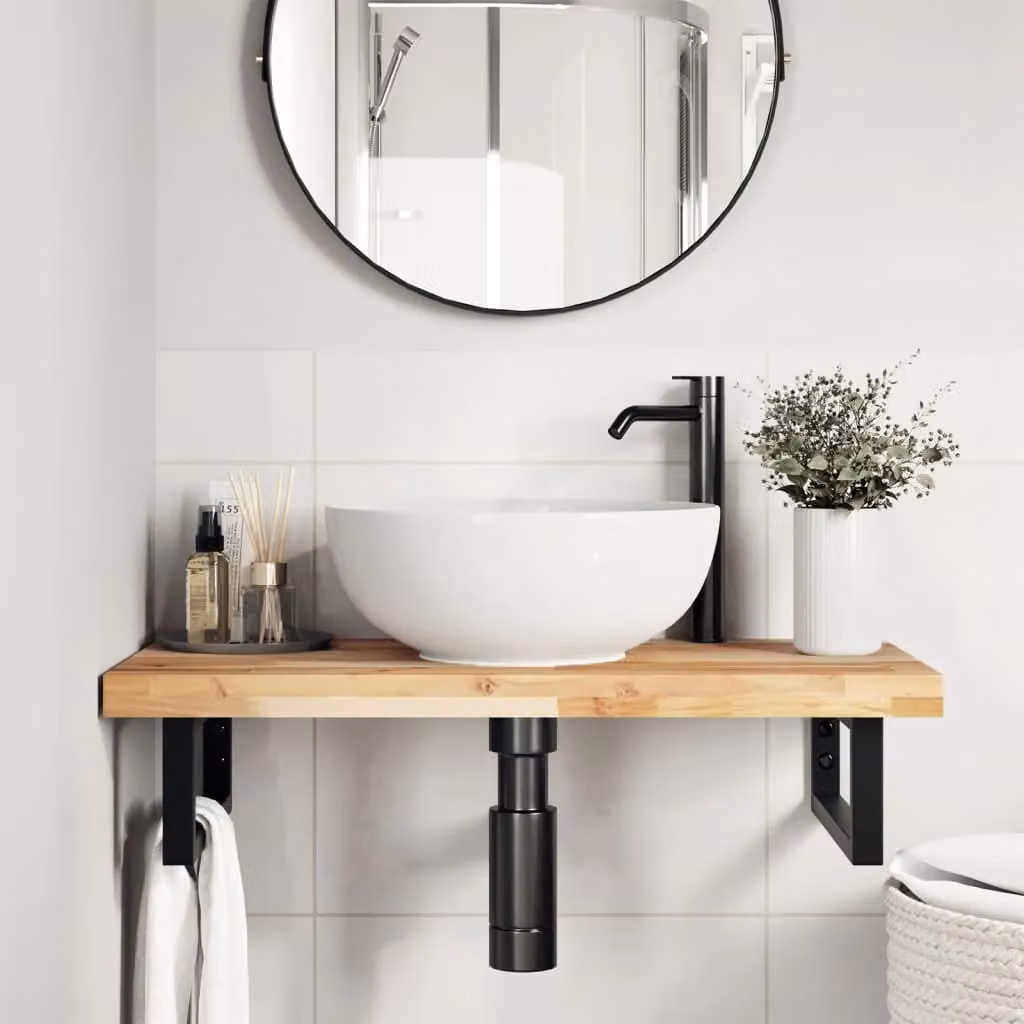 Berkfield Home Wall Mounted Basin Shelf in Brown Acacia Wood and Steel – 2