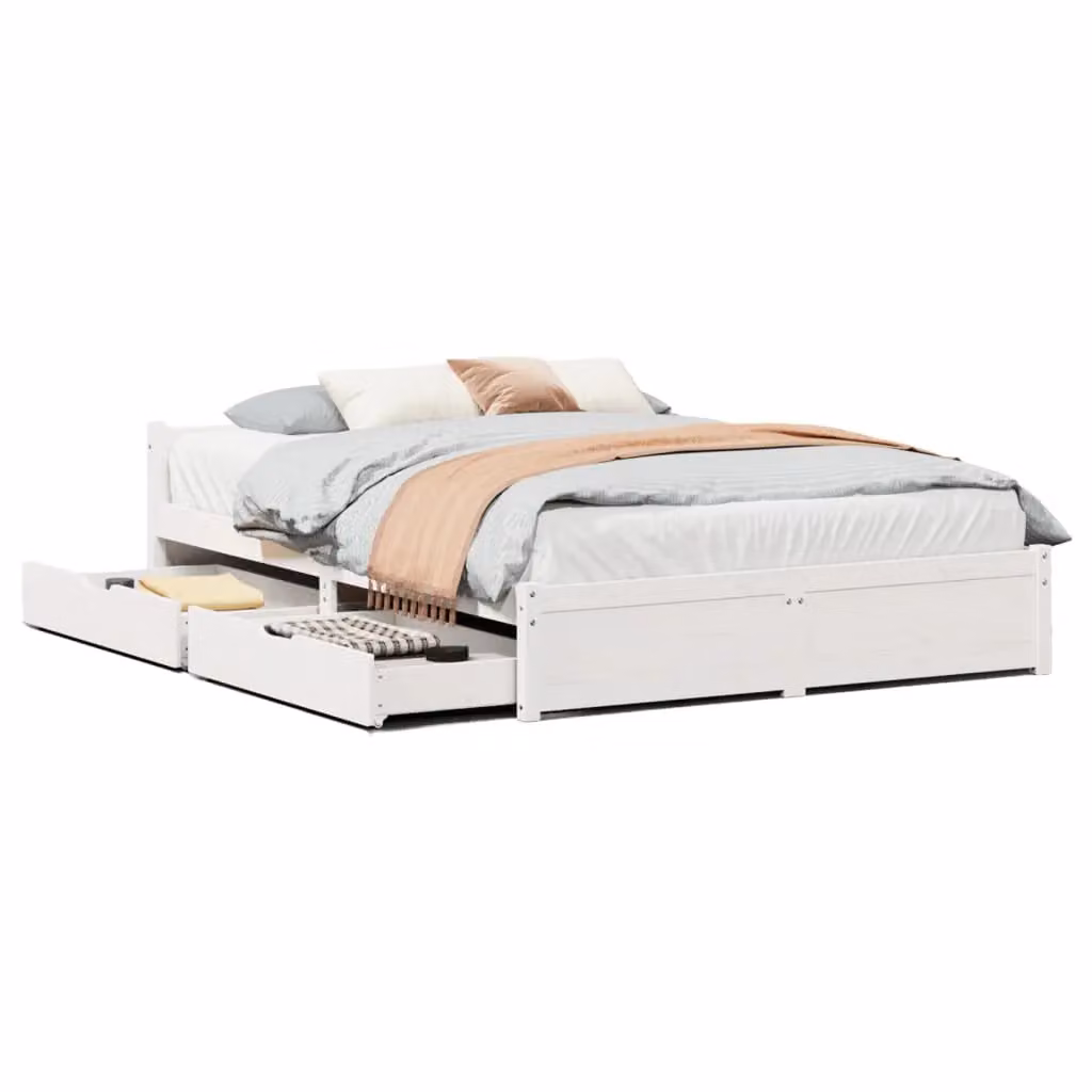 Berkfield Home White Solid Wood Pine Bed Frame with Drawers W/D/H: 140 x 200 cm