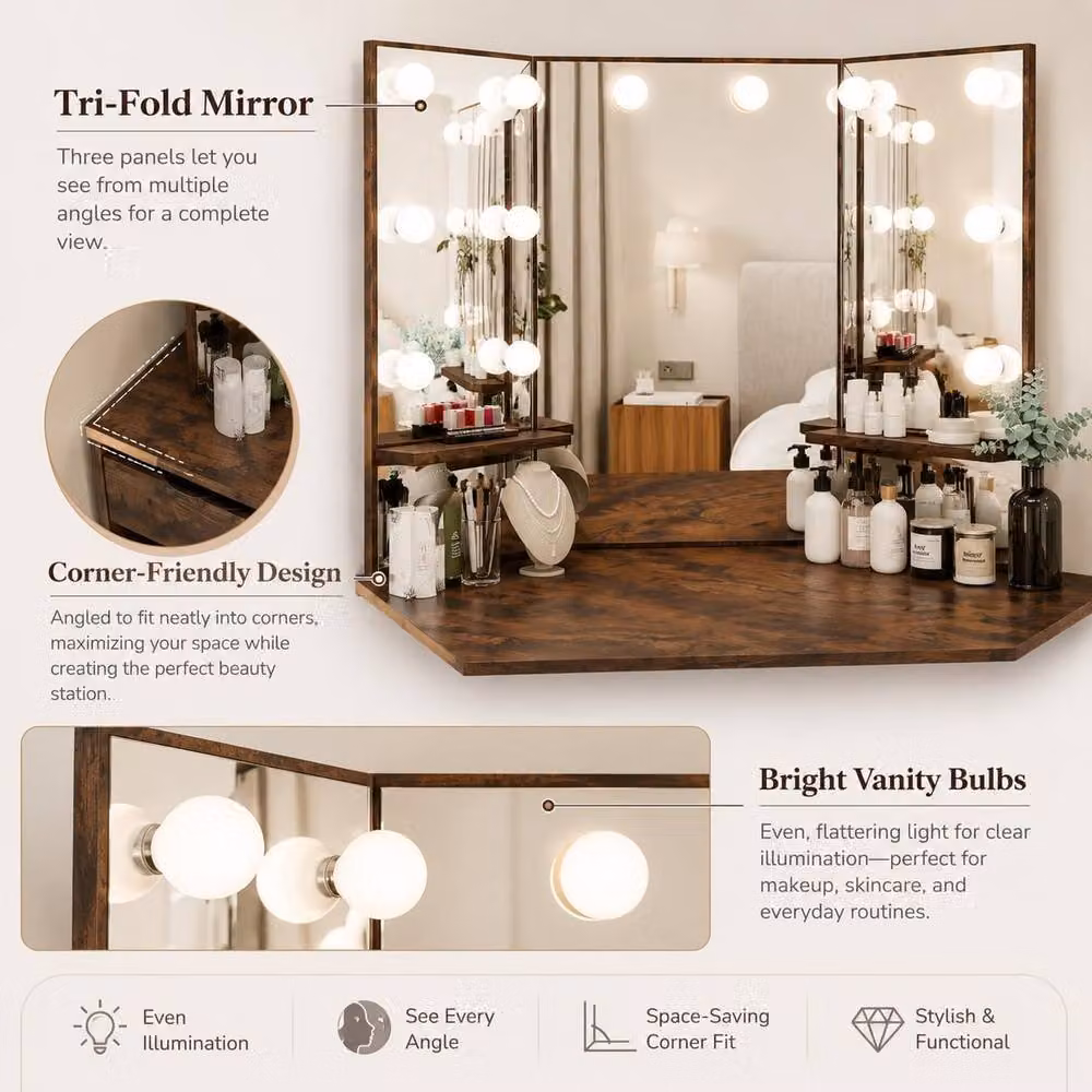 London Boutique Corner Dressing Table with LED Mirror and 5 Drawers in Brown – 3