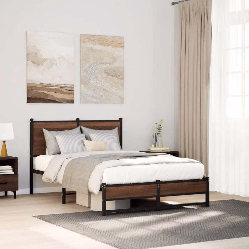 Berkfield Home Metal and Wood Bed Frame in Brown Oak, Small Double, W/D/H: 120 x 190 cm – 2