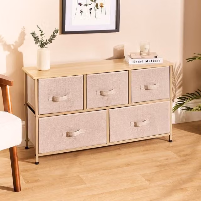 OHS Brooklyn 5-Drawer Fabric Chest Organiser Storage in Beige