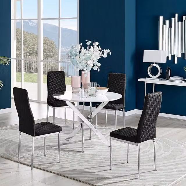 FurnitureboxUK Novara White High Gloss Round Dining Table and 4 Black Velvet Milan Chairs