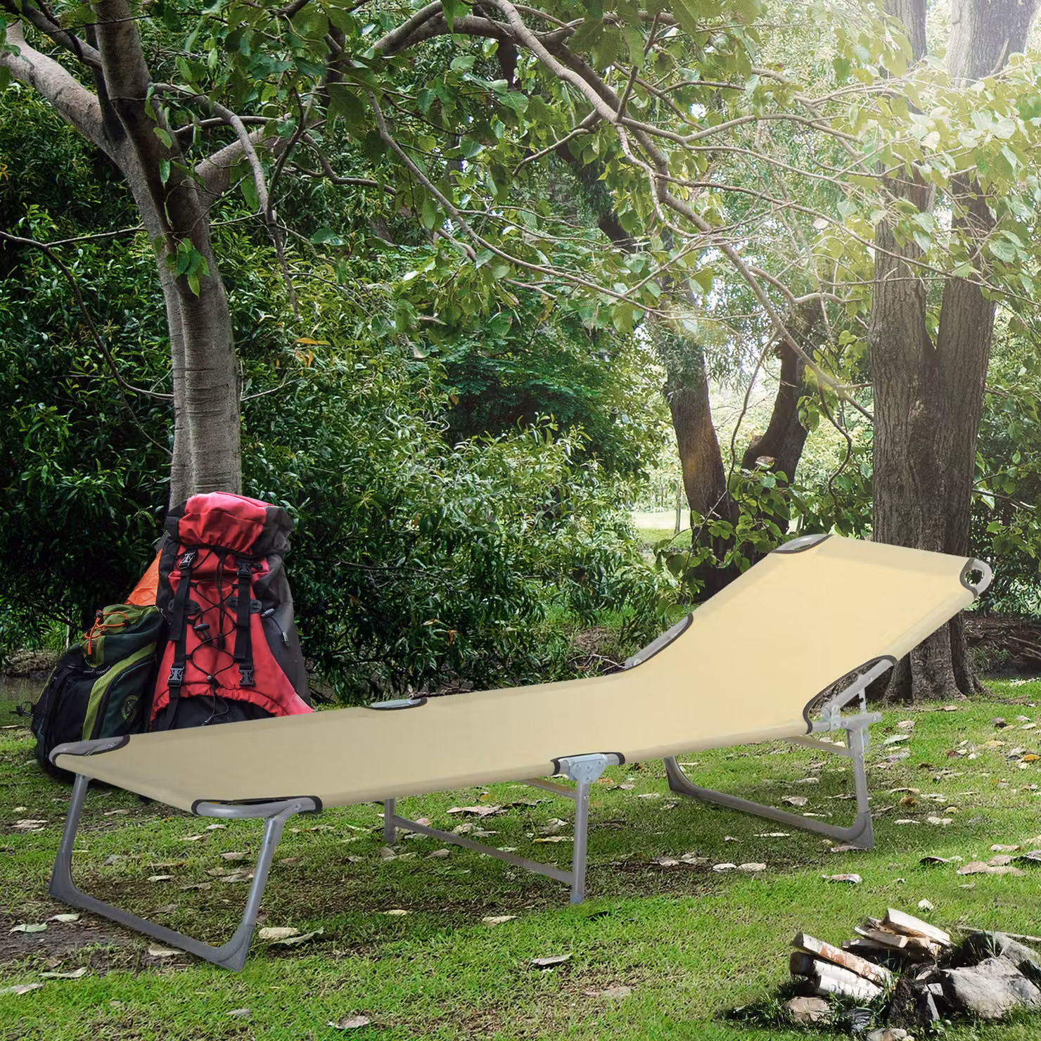 Outsunny Portable Sun Lounger in Beige with Adjustable Headrest and Metal Frame – 2