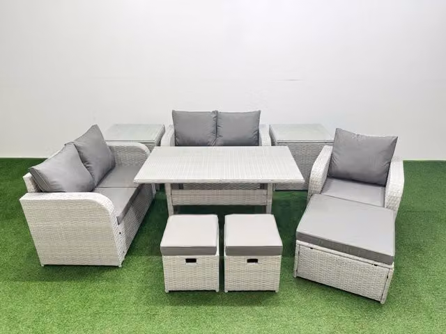 Fimous Grey Poly Rattan Garden Furniture Set with Reclining Chair, Loveseat Sofa, Rectangular Dining Table, 3 Stools and 2 Side Tables