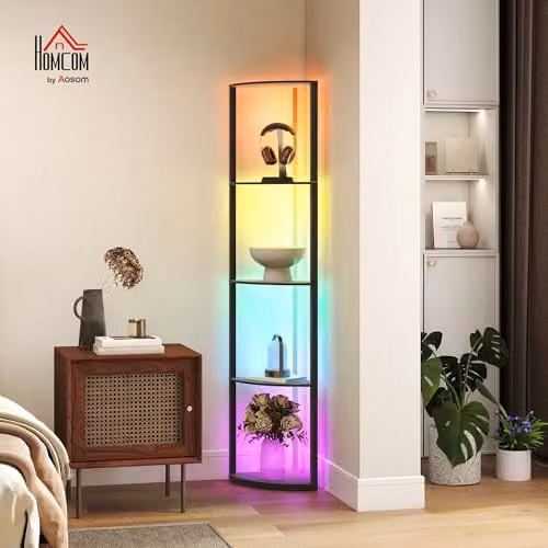 HOMCOM RGB LED Floor Lamp with 4-Tier Shelves, Black, H 163 x W 42 x D 29.5 cm – 2