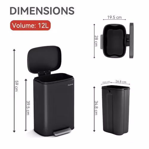 MCC Direct 12L Black Steel Pedal Bin with Soft Close Lid and Removable Inner Bucket – 2