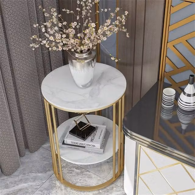 VOGREX Round Marble Coffee Table with Gold Tiered Shelves