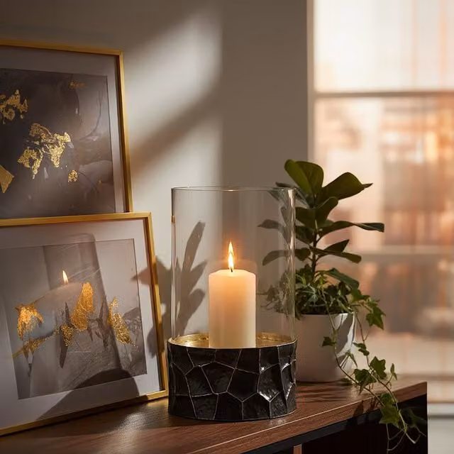 Orsina Akola Large Round Hurricane Pillar Candle Holder in Black and Gold