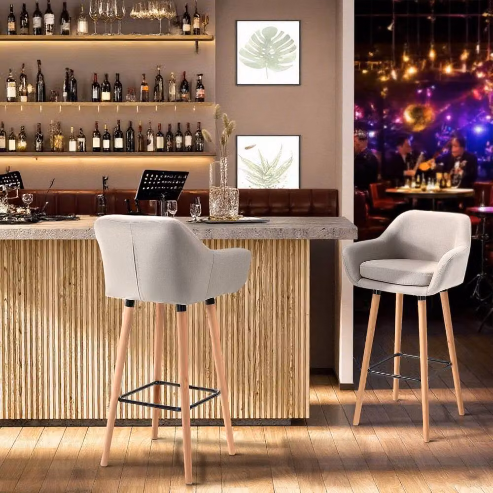 Wyld Haus Dottira Beige Fabric Bar Stools Set of 2 with Wood Legs – 4