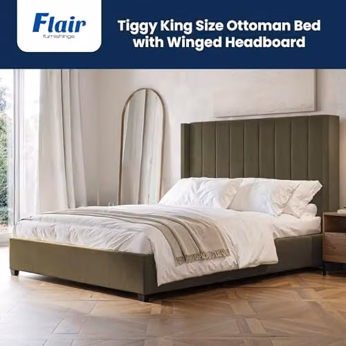 Flair Furnishings Tiggy Ottoman Bed with Winged Headboard, Khaki Green Velvet, W/D/H: 150 x 200 x 130 cm – 2