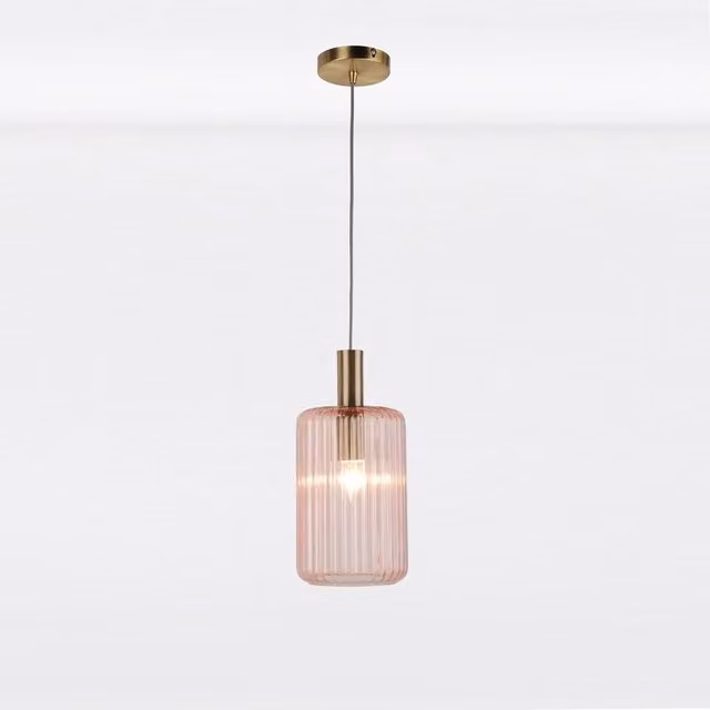 First Choice Lighting Blush Pink and Gold Fluted Glass Design Pendant Fitting, Height Adjustable