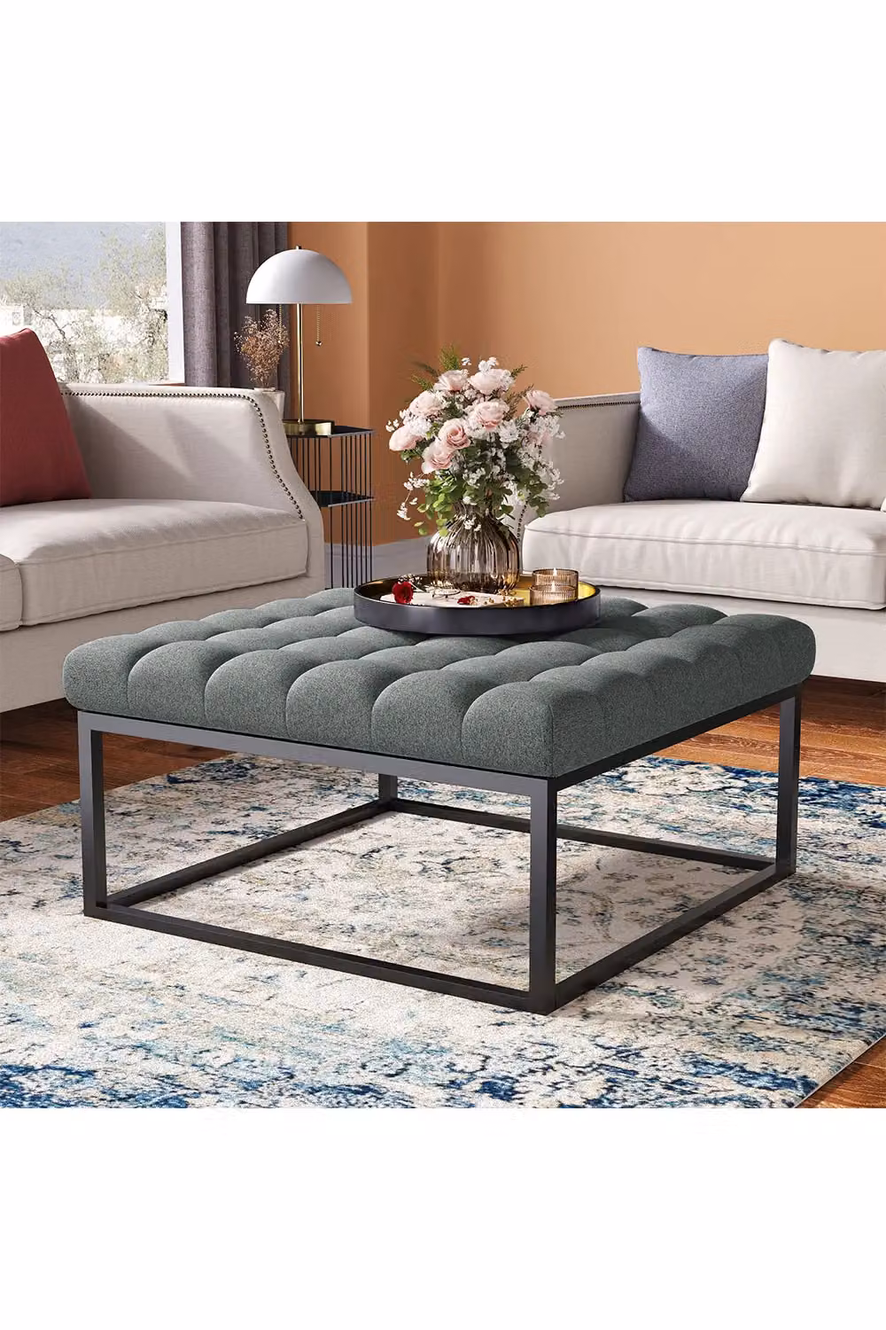 Livingandhome Square Linen Footstool with Metal Frame in Grey – 2