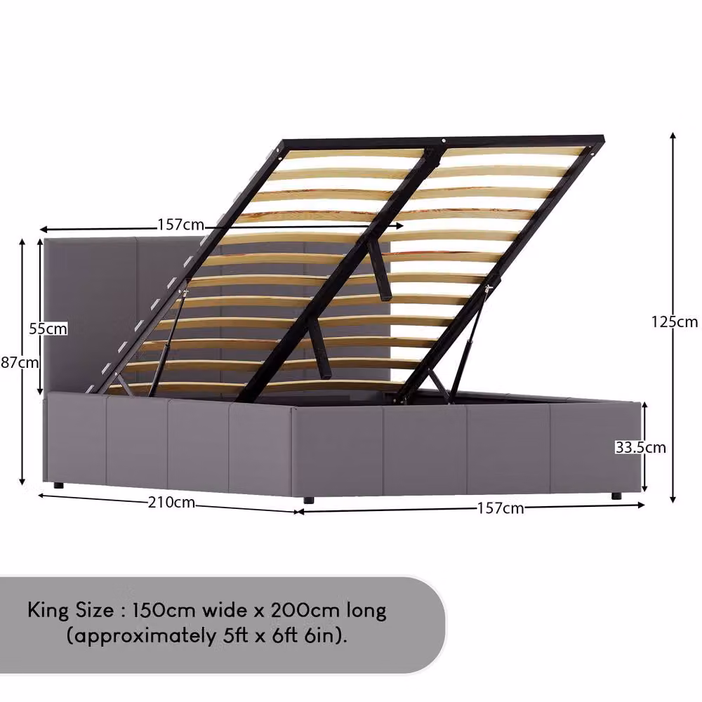 HD Designs Lisbon King Size Ottoman Bed Frame in Grey Upholstered Synthetic Leather and Fabric, W/D/H: 180 x 200 cm – 2