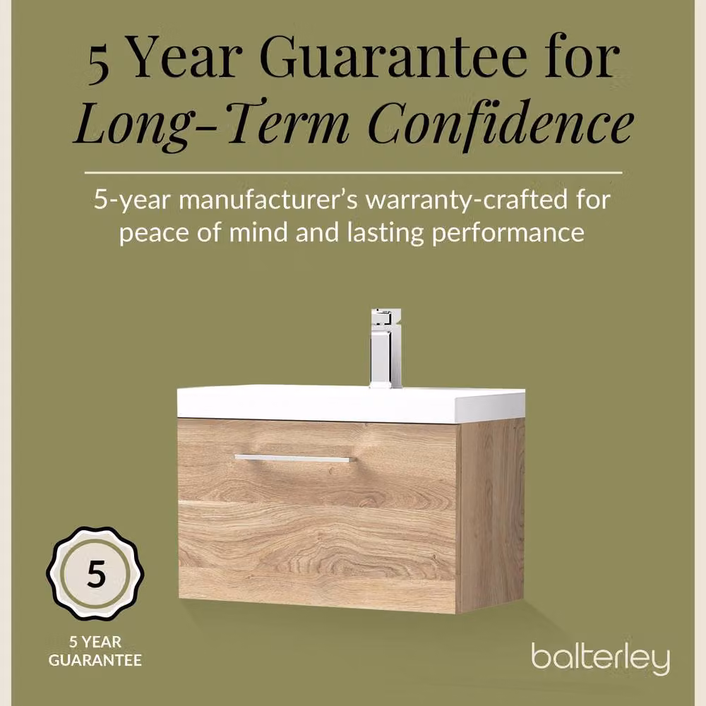 Balterley Contemporary Wall Hung Bathroom Vanity Unit with Soft-Close Drawer and Mid-Edge Ceramic Basin, Bleached Oak, W: 60.0 cm, D: 39.0 cm, H: 39.9 cm, Brown – 2