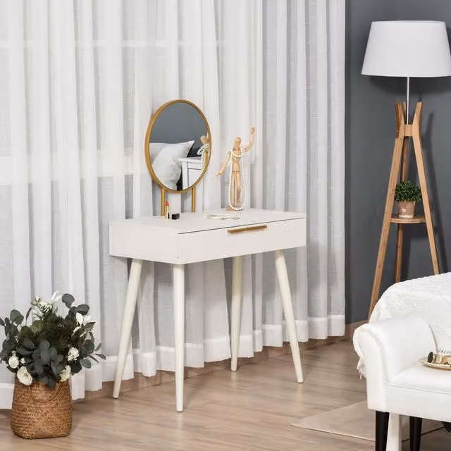 HOMCOM Modern Dressing Table with Round Mirror and 2 Drawers in White