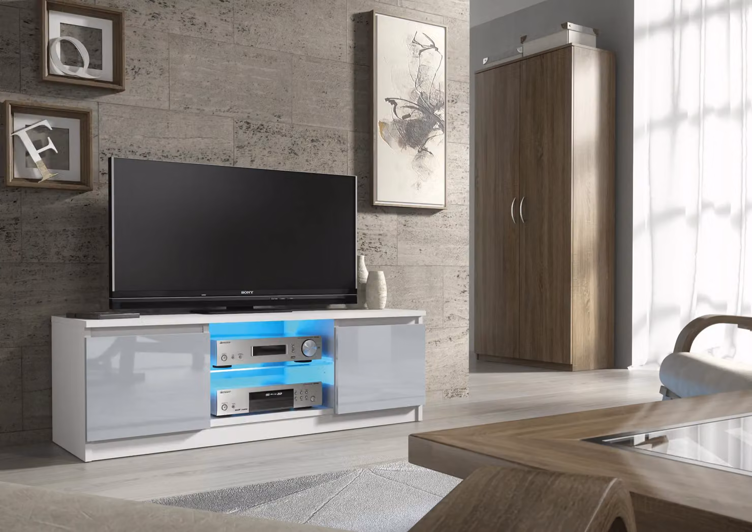 Mex Furniture LTD Modern Glossy TV Unit with LED Lighting in Light Grey, W: 120 cm, D: 40 cm, H: 38 cm – 3