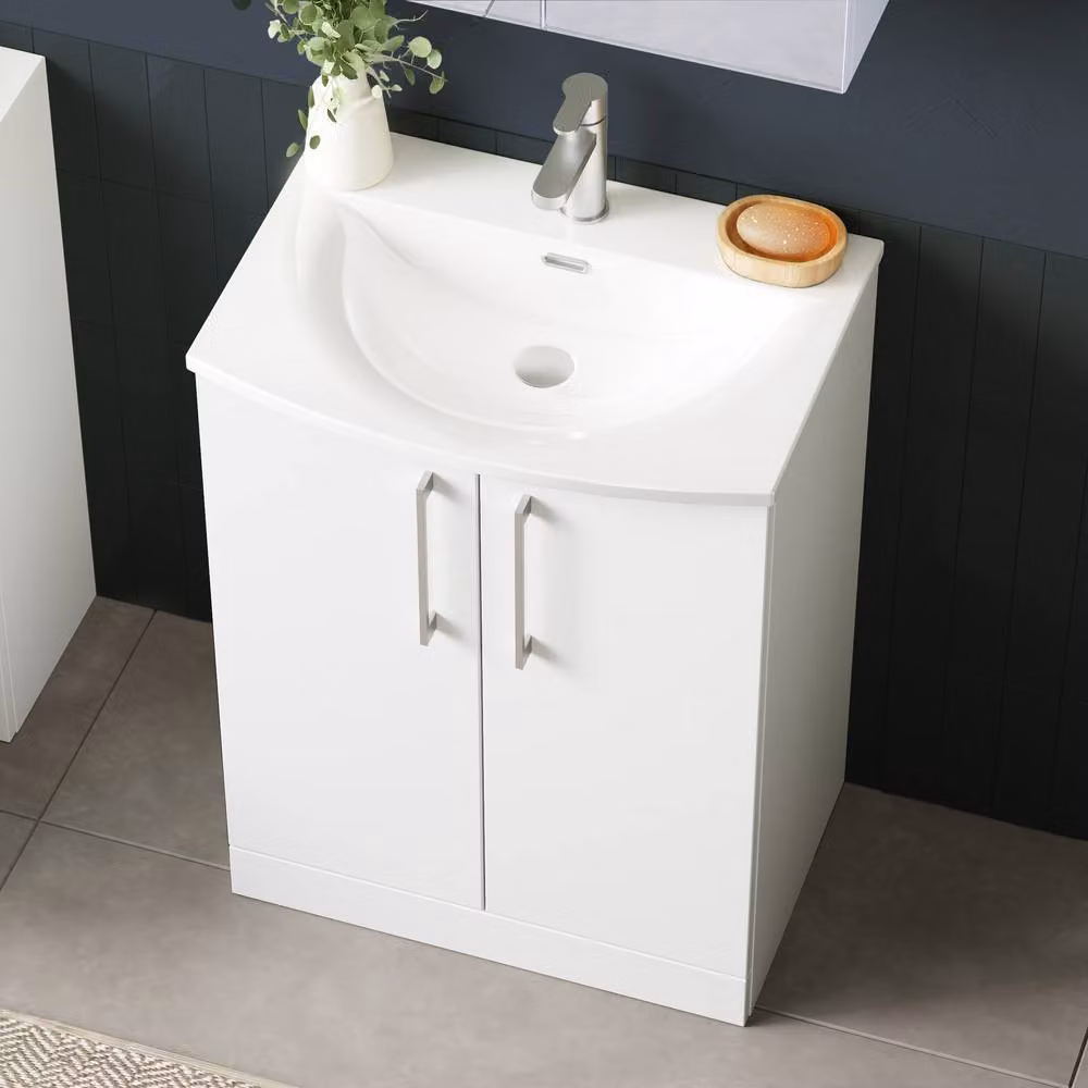 Balterley White Glossy Floor Standing Bathroom Vanity Unit with Rectangular Basin and Soft Close 2 Doors, W: 61.0 cm – 4