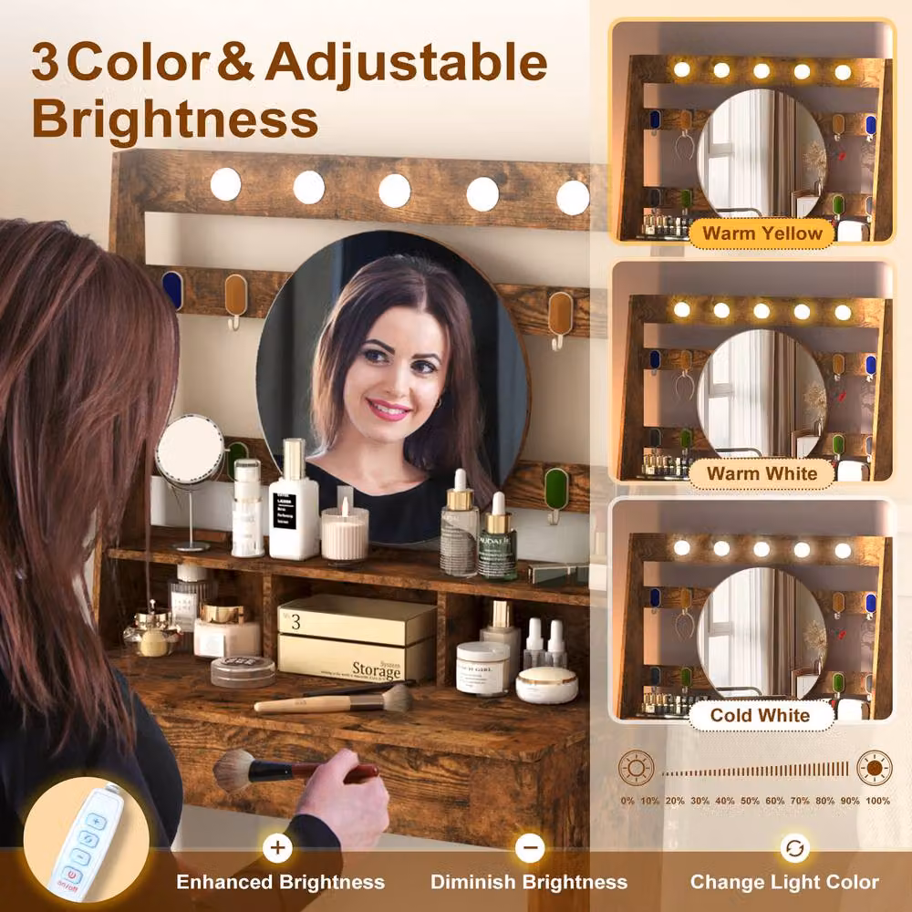 KEEPREAPER Hollywood LED Dressing Table with Adjustable Lighting in Brown – 4