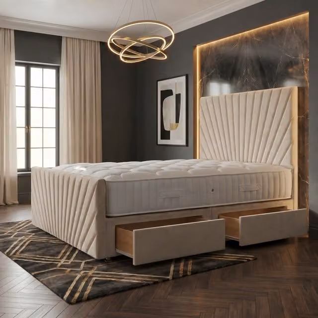 Somnior Beds Ltd Sunrise Velvet Divan Bed with Hybrid Mattress and Drawers in Beige