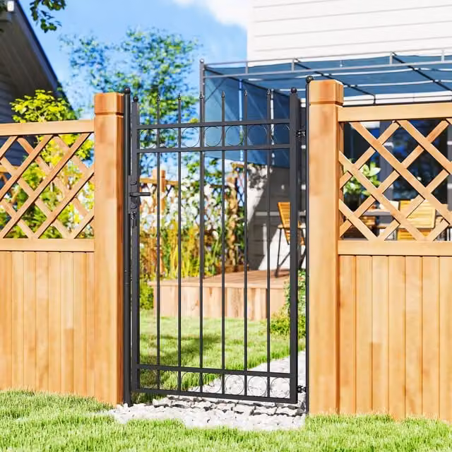 Outsunny Black Galvanised Steel Lockable In-Ground Garden Fence Gate