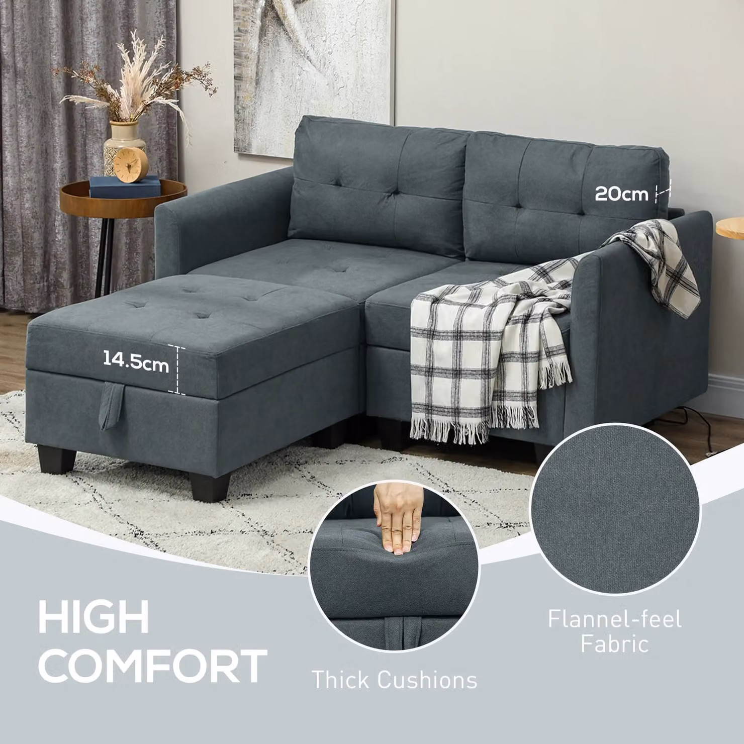 HOMCOM Reversible Modular L-Shape Sectional Sofa with Storage in Grey Fabric – 5