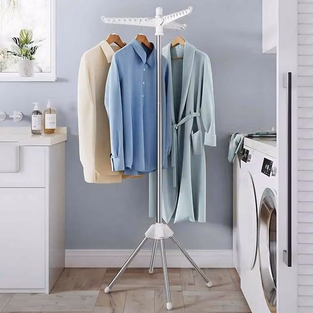 The Bazaarist Folding Clothes Airer with Rotating Arms in White and Silver