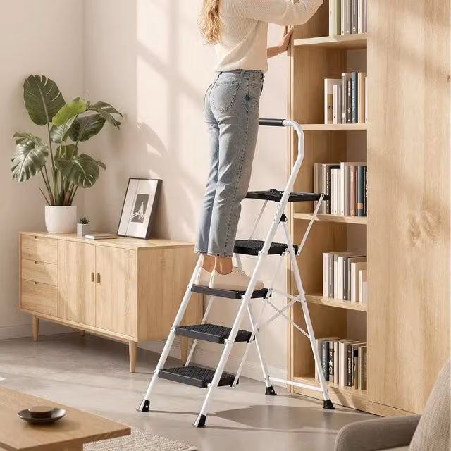 SONGMICS White Steel Folding Step Ladder with Anti-Slip Rubber Feet