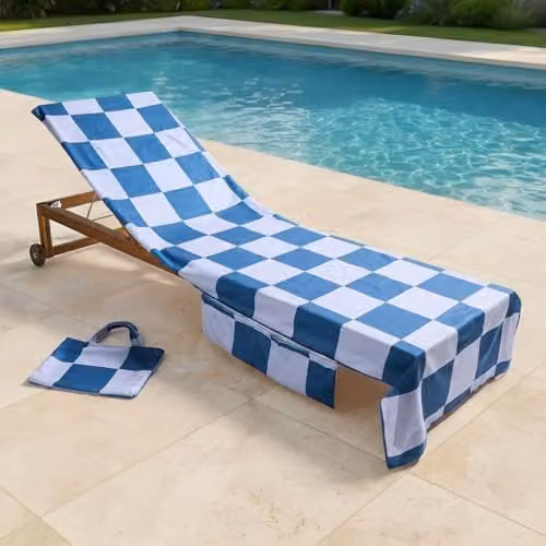 OHS Blue Checkerboard Microfibre Beach Towel with Bag, Quick-Drying and Absorbent, W: 75 cm, L: 215 cm – 1