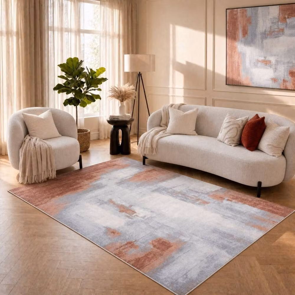 THE RUGS Elaris Stain Resistant Abstract Area Rug in Pink and Light Grey, W: 200 cm, D: 290 cm – 2