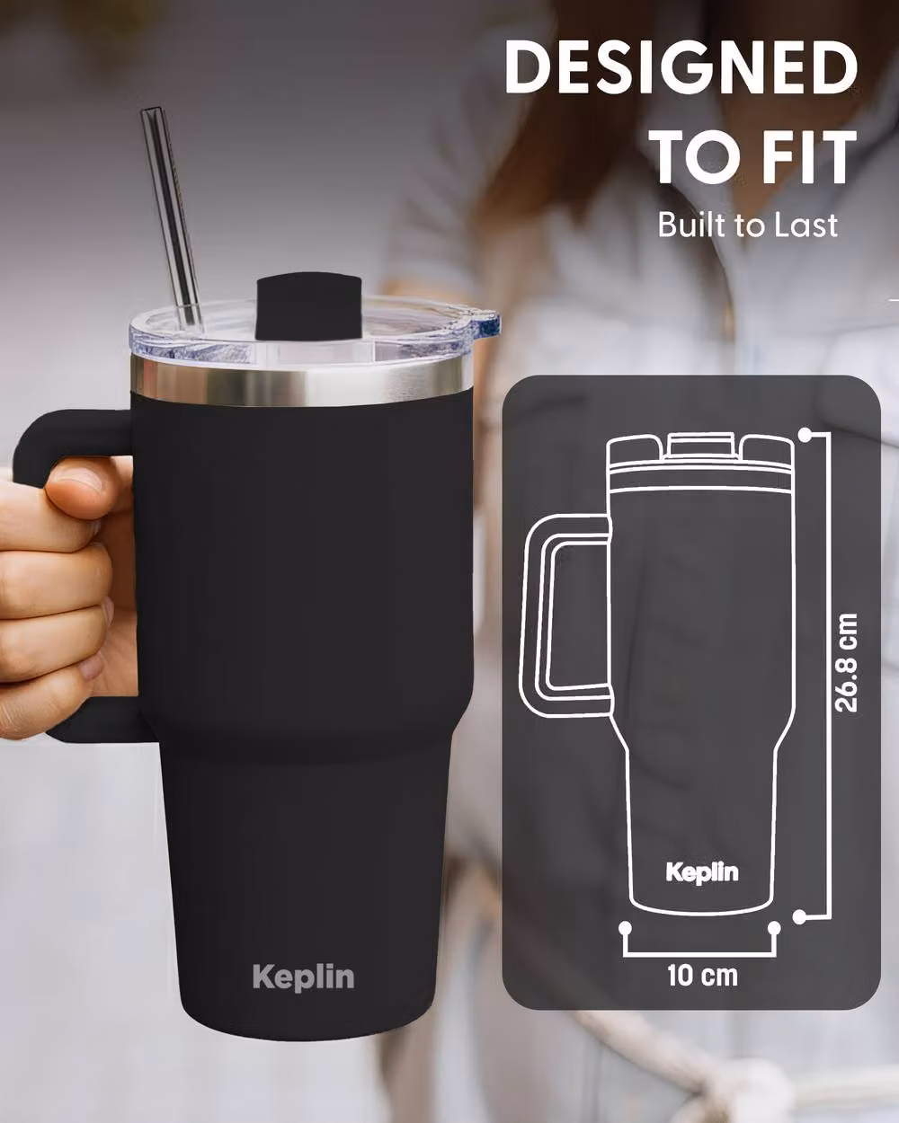 Keplin Insulated Travel Tumbler with Handle and Straw, 1200 ml, Black – 2