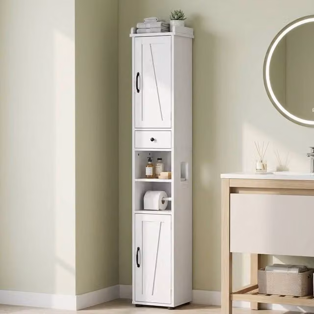 STILVORA Modern White Slim Freestanding Bathroom Storage Cabinet with Internal Drawers, Shelves and LED Lighting