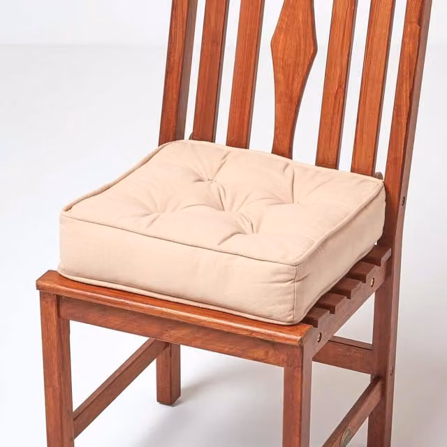 Homescapes Cotton Square Dining Chair Booster Cushion in Beige and Yellow