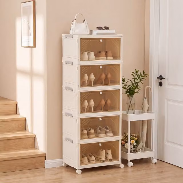 Lifeideas Foldable Shoe Cabinet with Wheels in White and Beige