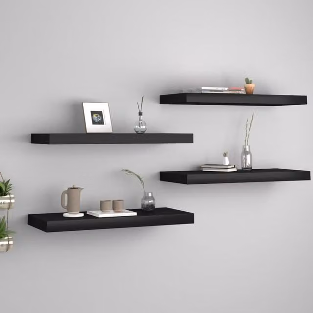 Berkfield Home Set of 4 Black Floating Wall Shelves, W: 60 cm, D: 23.5 cm, H: 3.8 cm