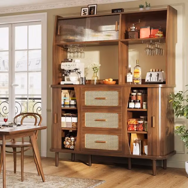 Aosom UK Rattan-Look Sideboard with Glass Sliding Doors and 3 Drawers, Walnut, W: 40.5 cm, H: 174.5 cm, D: 140 cm – 1