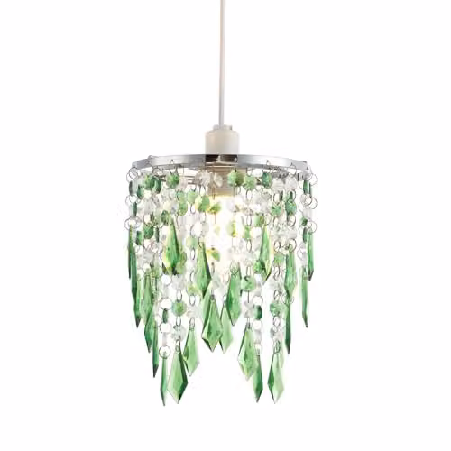Happy Homewares Modern Waterfall Pendant Shade with Emerald Green and Transparent Acrylic Droplets and Chrome Metal Ring, Diameter: 16 cm