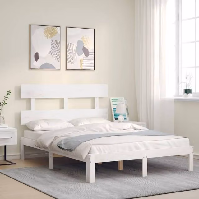 Berkfield Home Beautiful Bed Frame with Headboard in White Solid Pine Wood, W/D/H: 120 x 200 x 81 cm