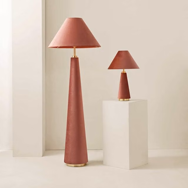 ValueLights Martha Velvet Midi Floor Lamp with Conical Fabric Shade in Dusty Pink and Gold/Brass – 1