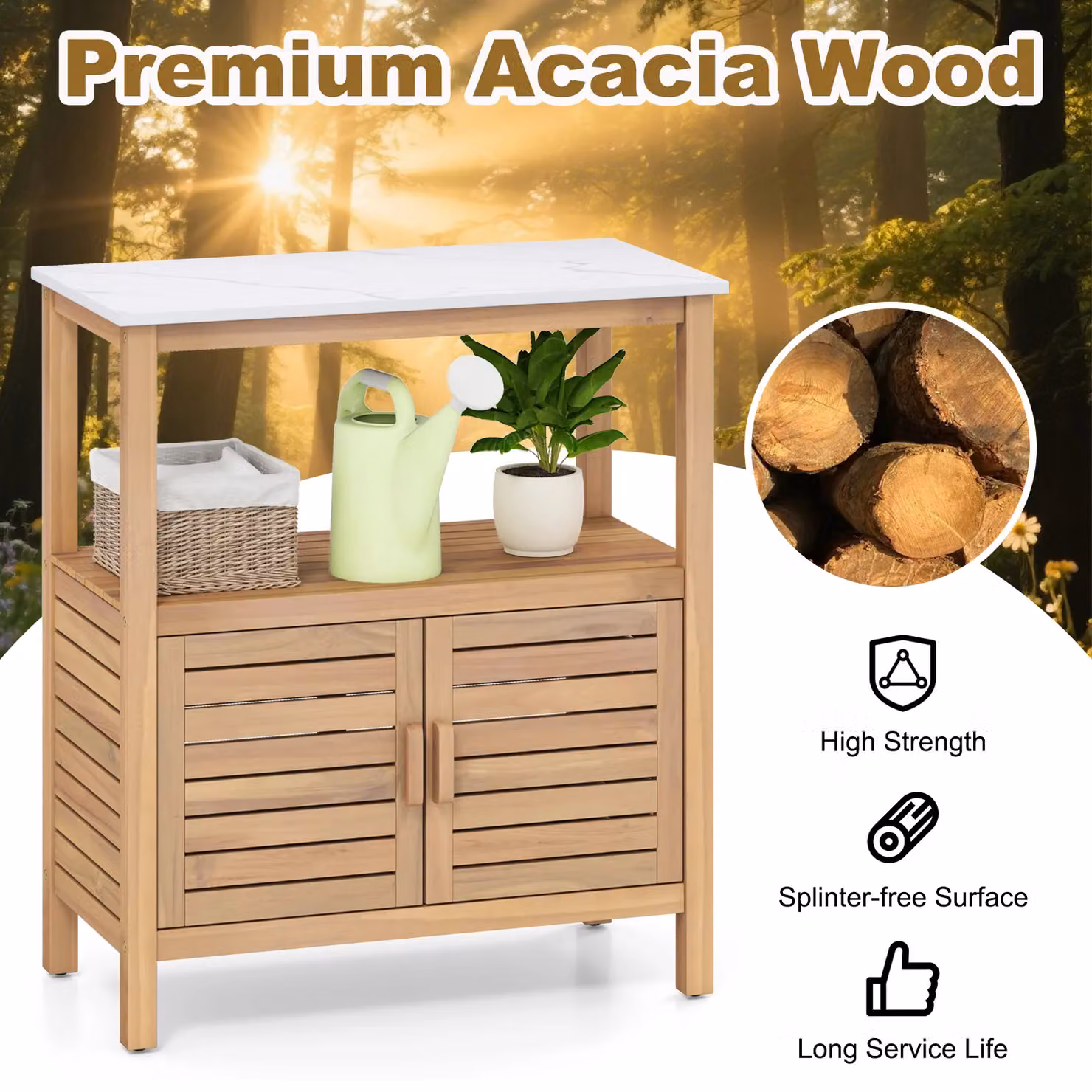 Gymax Outdoor Garden Potting Bench with Acacia Wood and Resin Tabletop in Light Khaki – 4
