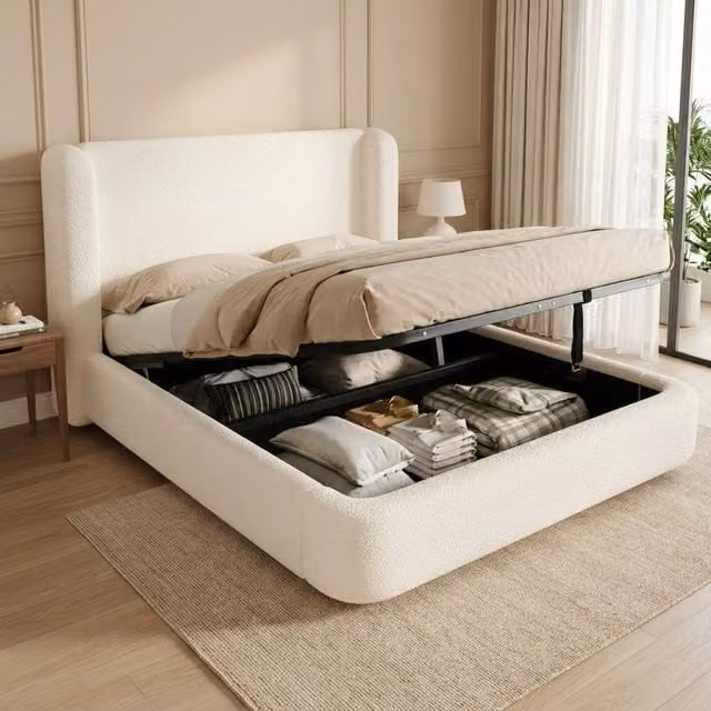 STILVORA King Size Ottoman Bed with Wingback Headboard in Cream Bouclé, W/D/H: 150 x 200 cm – 1