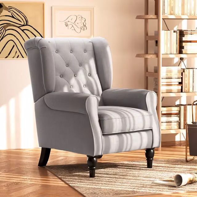 HOMCOM Grey Fabric Wingback Accent Armchair with Solid Wood Frame and Button Tufting – 2