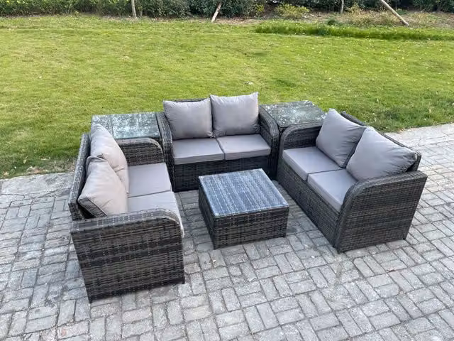 Fimous 6 Seater Rattan Garden Furniture Set in Dark Grey with 3 Seater Sofa, 2 Seater Love Seat, Square Coffee Table and 2 Side Tables
