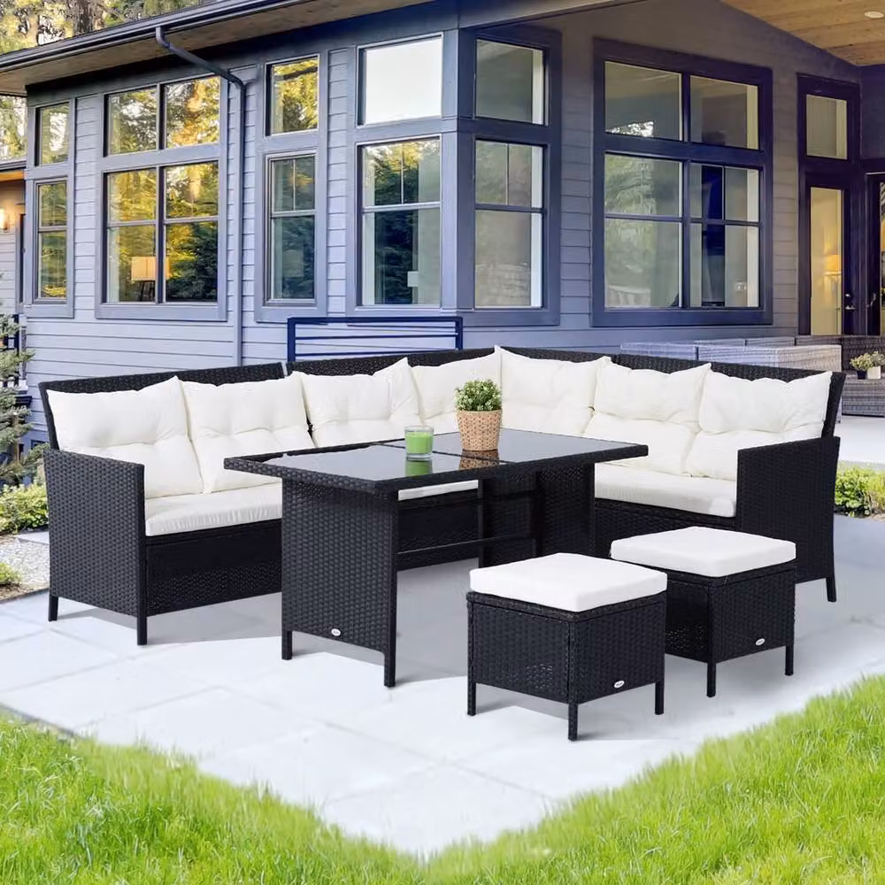 Wyld Haus Semapa 8 Seater PE Rattan Corner Dining Sofa Set in Black and Cream – 3