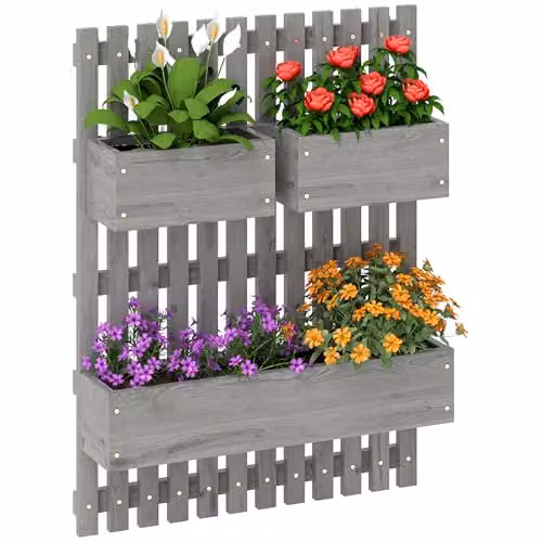 Outsunny Wall-mounted Wooden Garden Planters with Trellis in Grey – 1