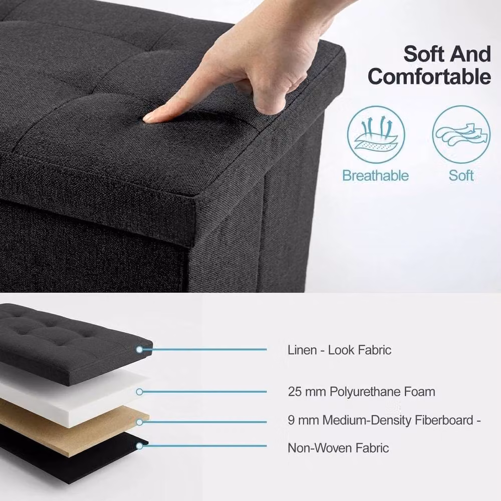 KORVIXA Black Fabric Folding Bench Ottoman Storage Seat W/D/H: 100 x 100 x 38 cm – 3