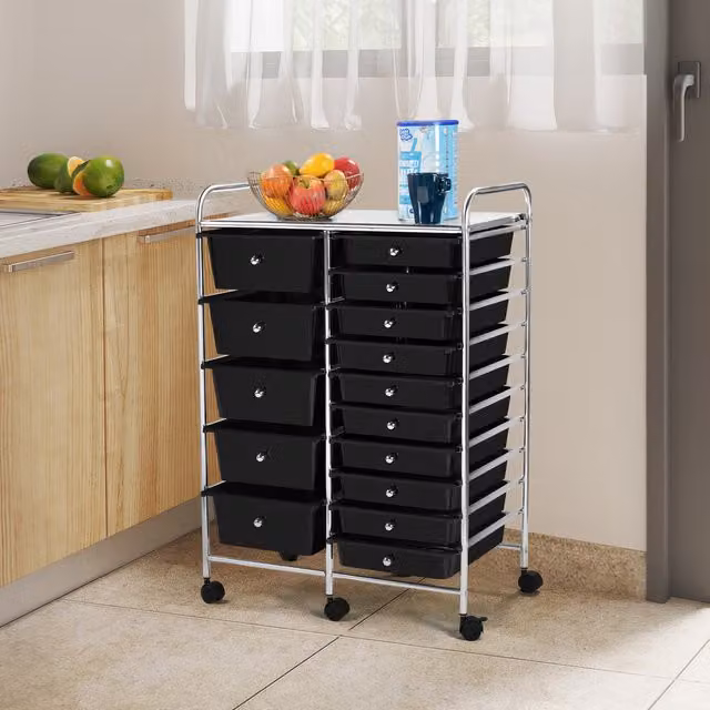 Yaheetech 15 Drawer Metal Frame Storage Cart with Castors in Black