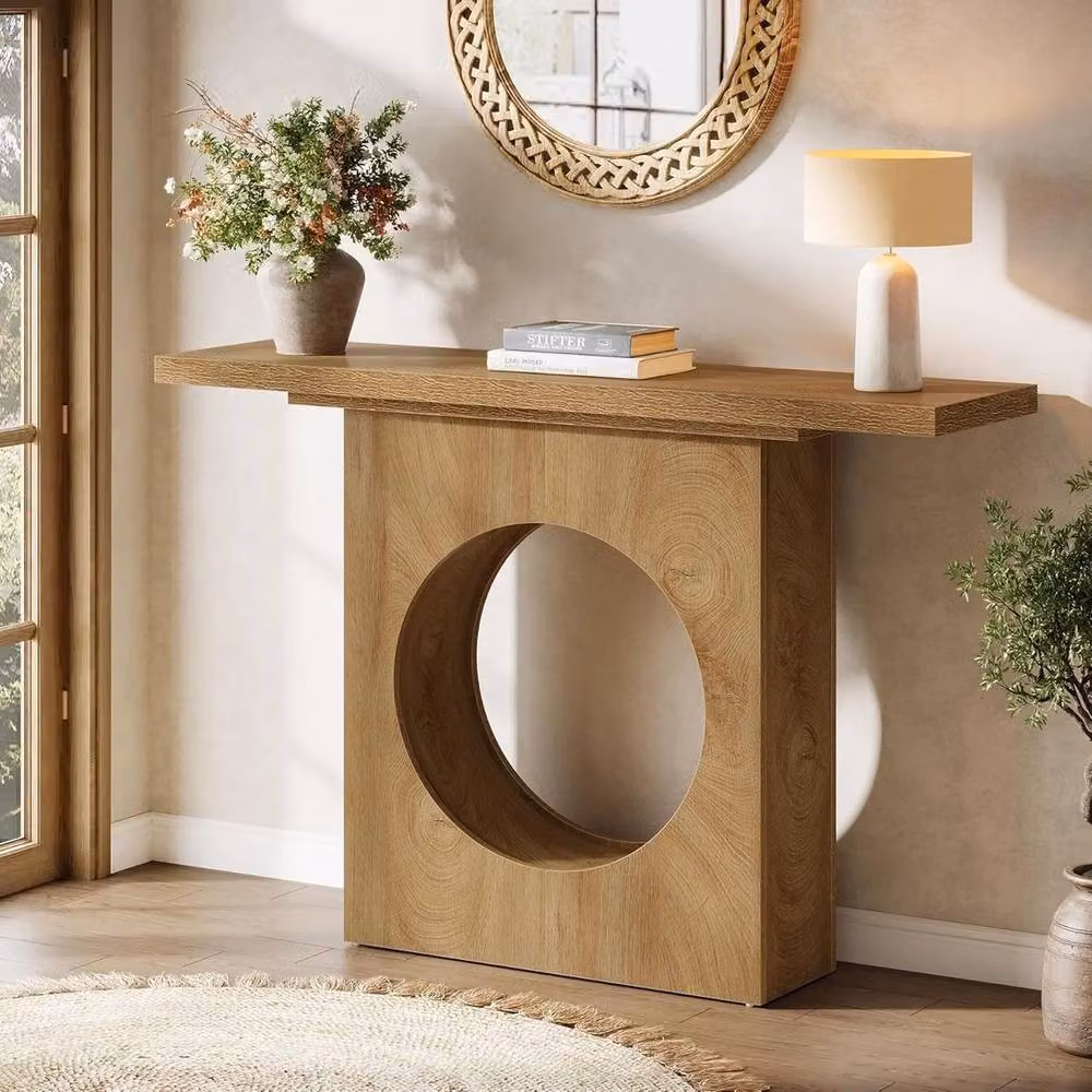VOGREX Farmhouse Console Table with Round Hole Design in Brown Light Oak – 2