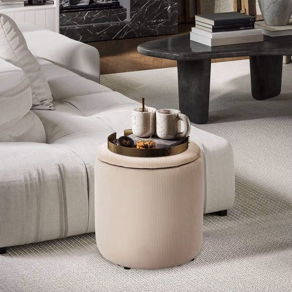 STILVORA Set of 2 Cylindrical Upholstered Storage Ottomans with Removable Lids in Beige – 3