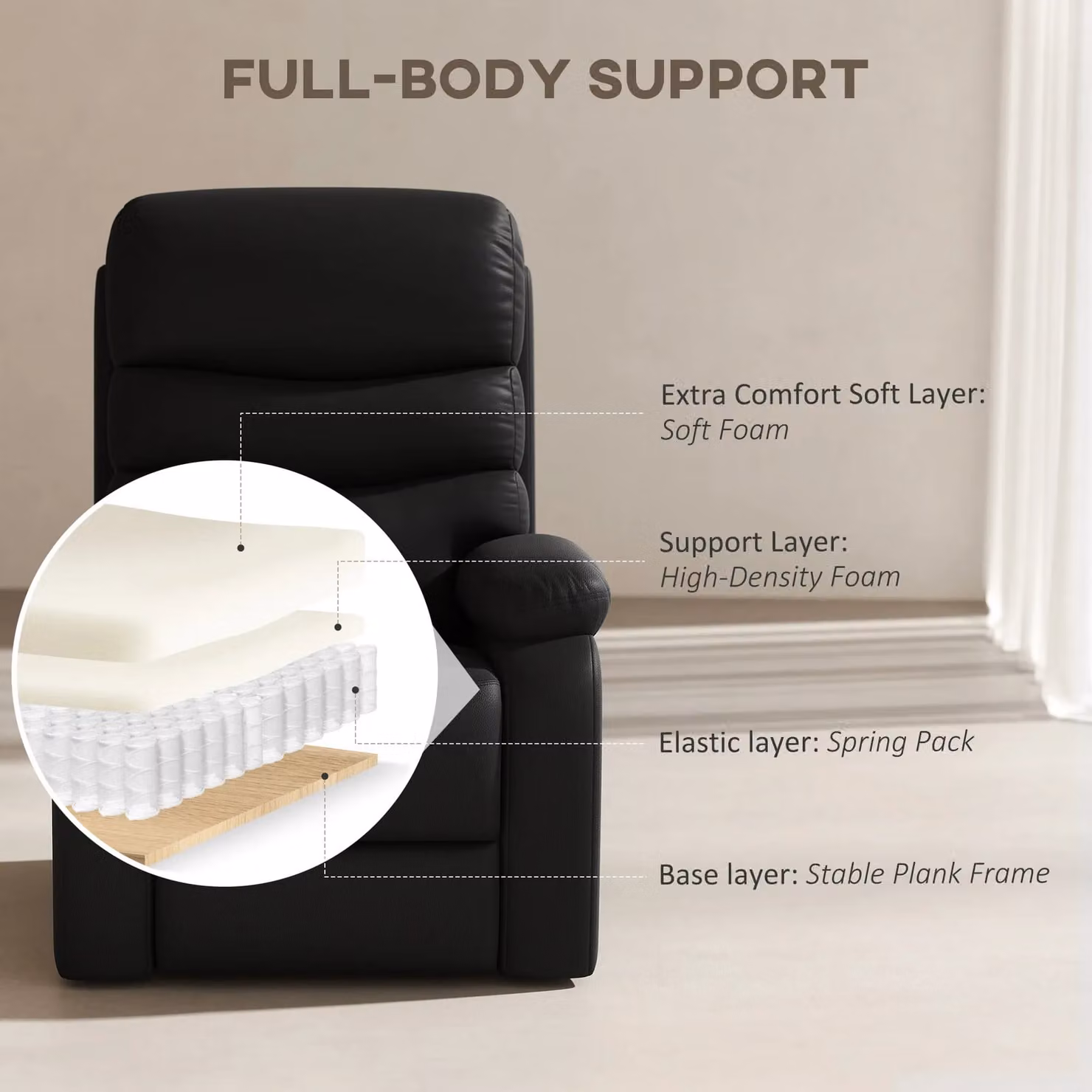 HOMCOM Black PU Leather Manual Reclining Chair with Padded Armrests and Retractable Footrest – 4