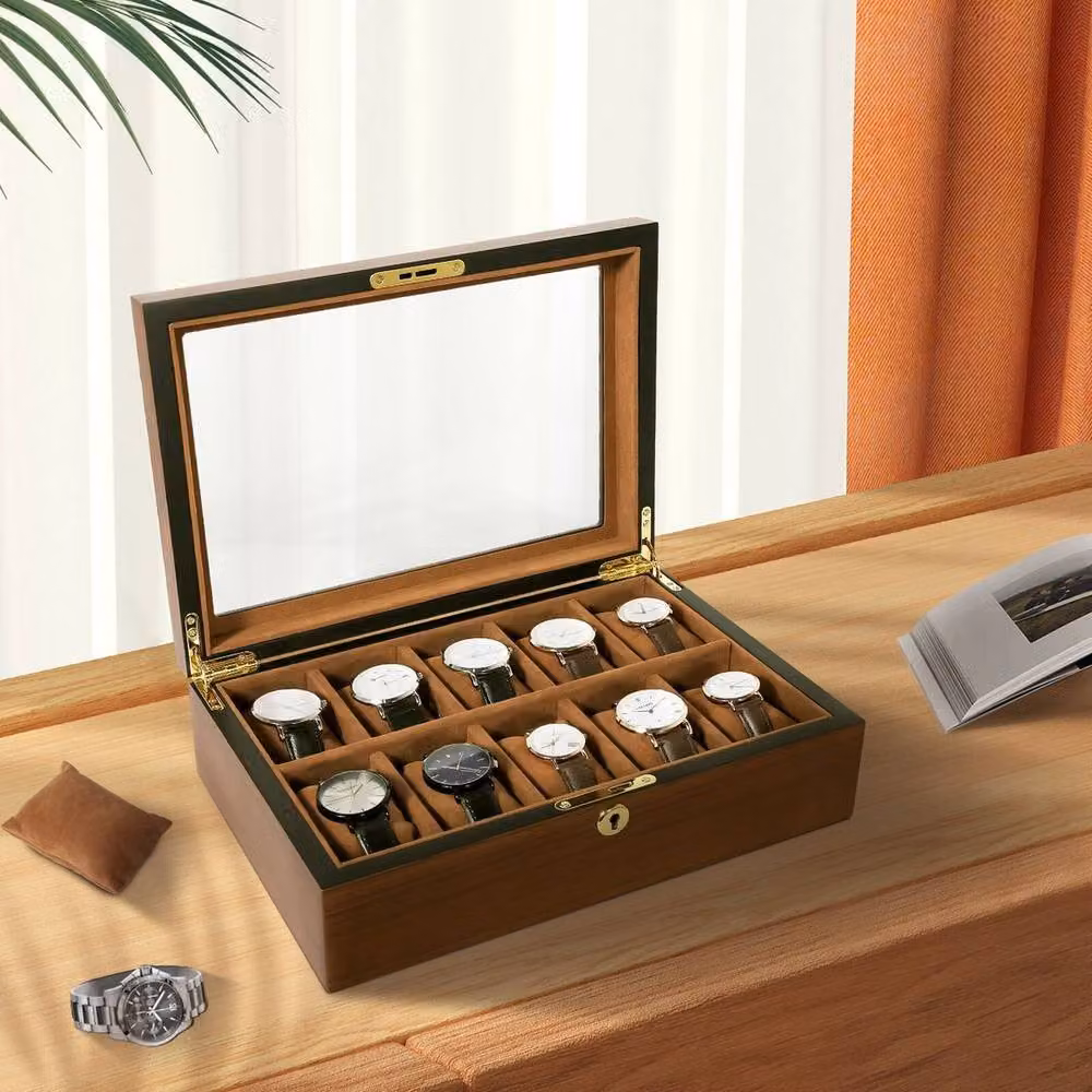 NESTLUNE Lockable 10-Watch Display Grid Box in Brown Wood and Metal – 5